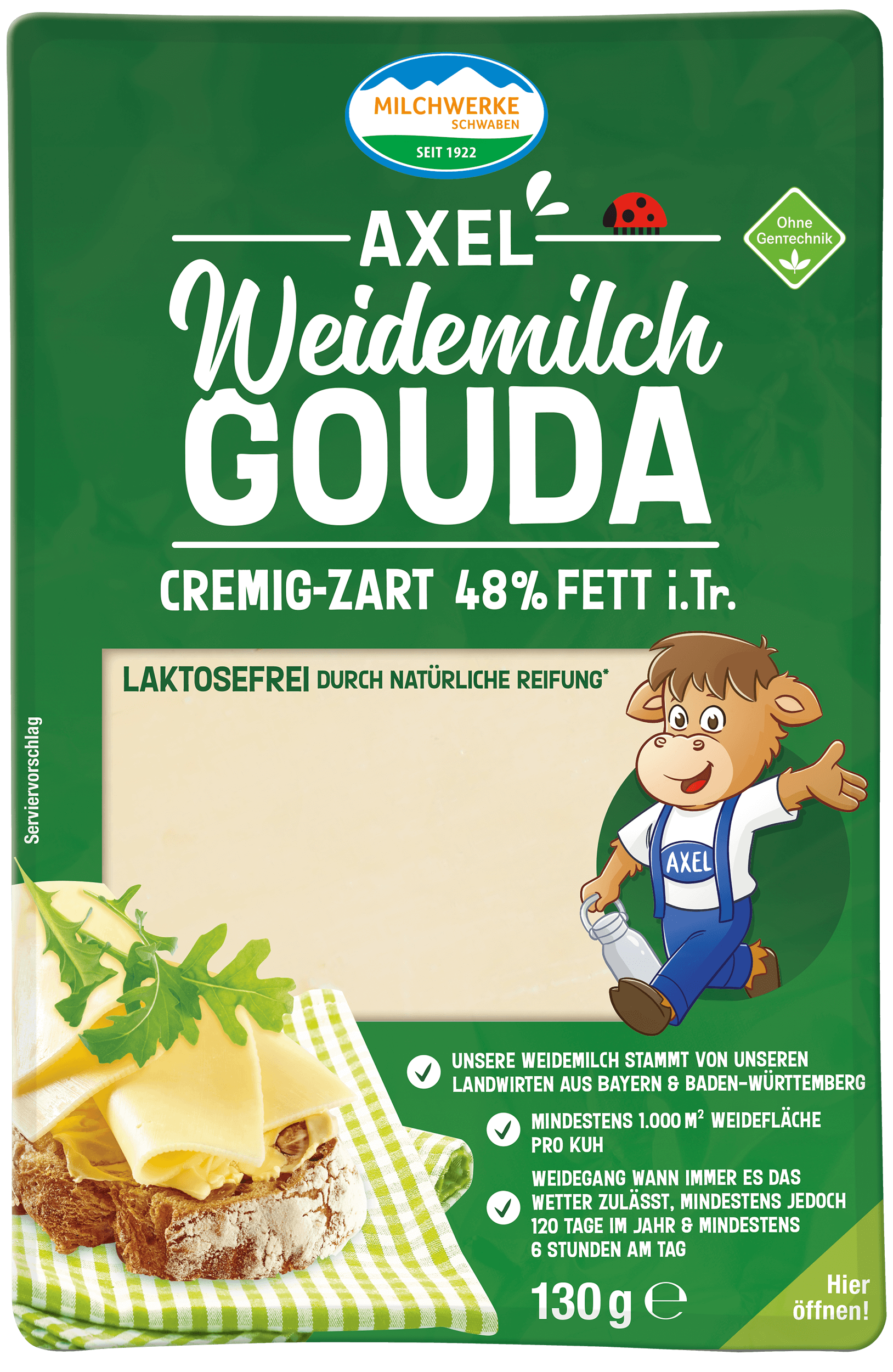Packshot Weideglück Axel Weidemilch Gouda cremig-zart 48 Prozent Fett i. Tr.