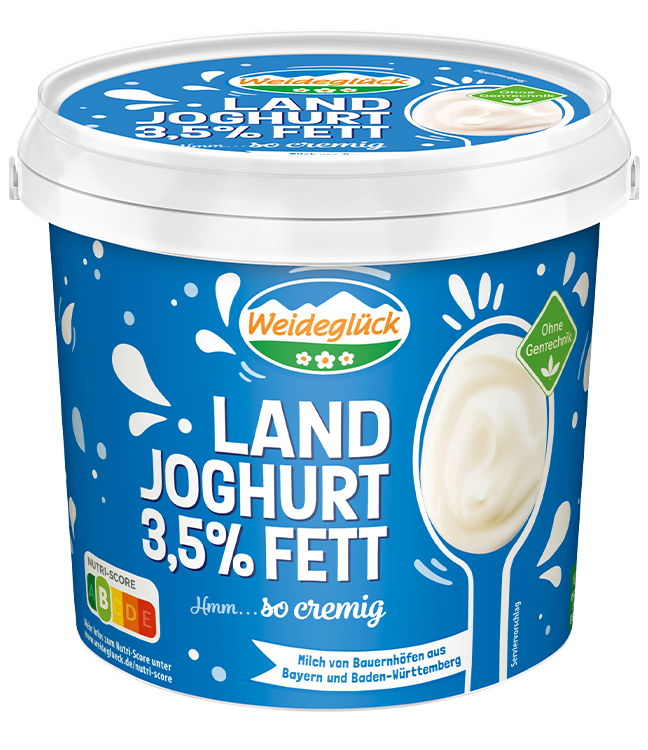 Packshot Weideglück Landjoghurt 3,5 Prozent Fett 1000g 1kg Becher