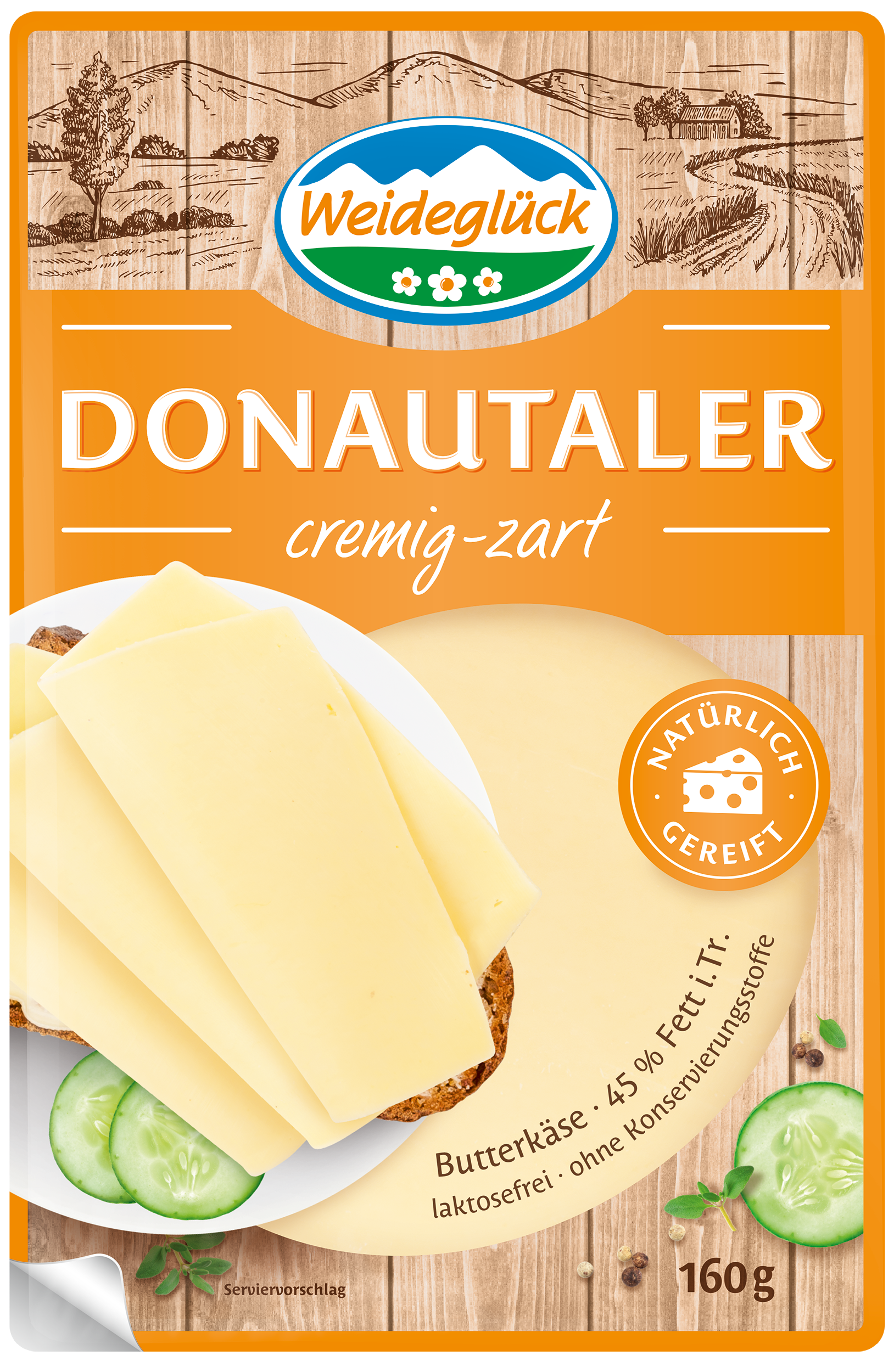 Packshot Weideglück Käse im Kühlregal Donautaler Butterkäse Scheiben cremig-zart 160 Gramm