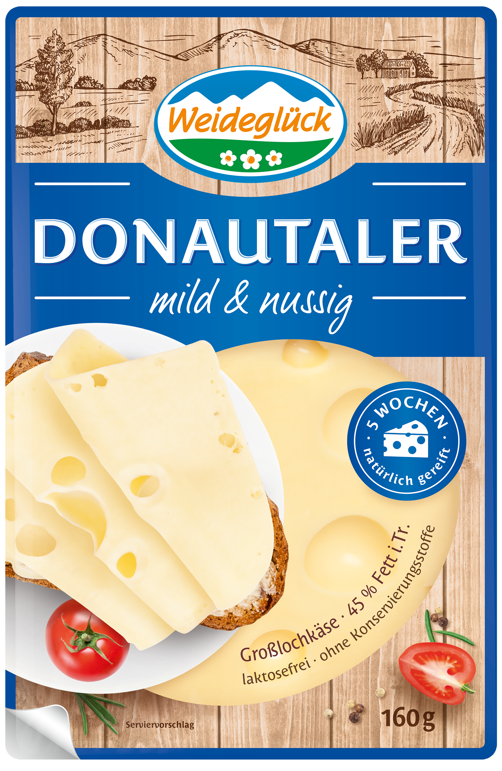 Packshot Weideglück Käse im Kühlregal Donautaler Großlochkäse Scheiben mild und nussig 160 Gramm