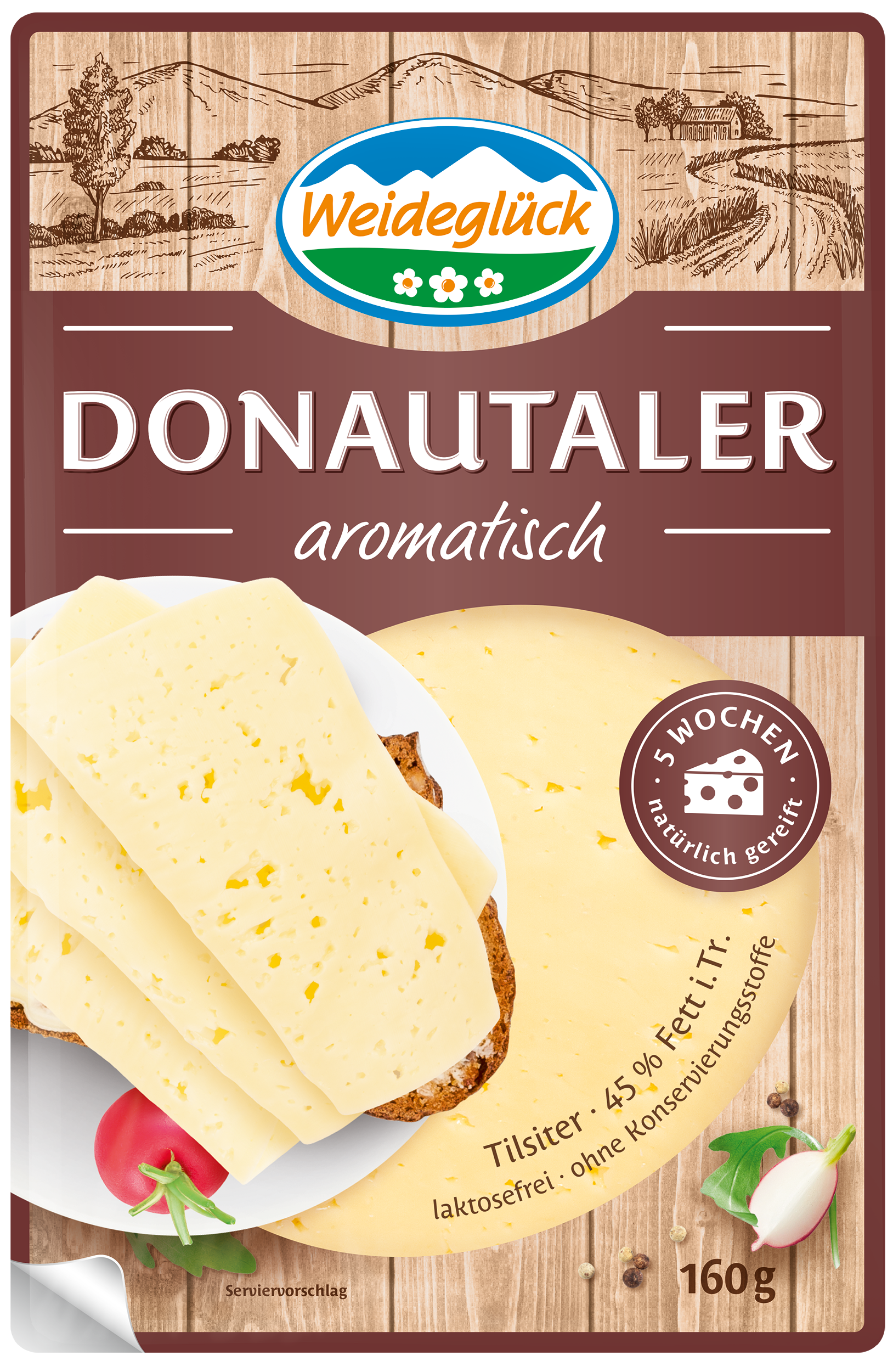 Packshot Weideglück Käse im Kühlregal Donautaler Tilsiter Scheiben aromatisch 160 Gramm