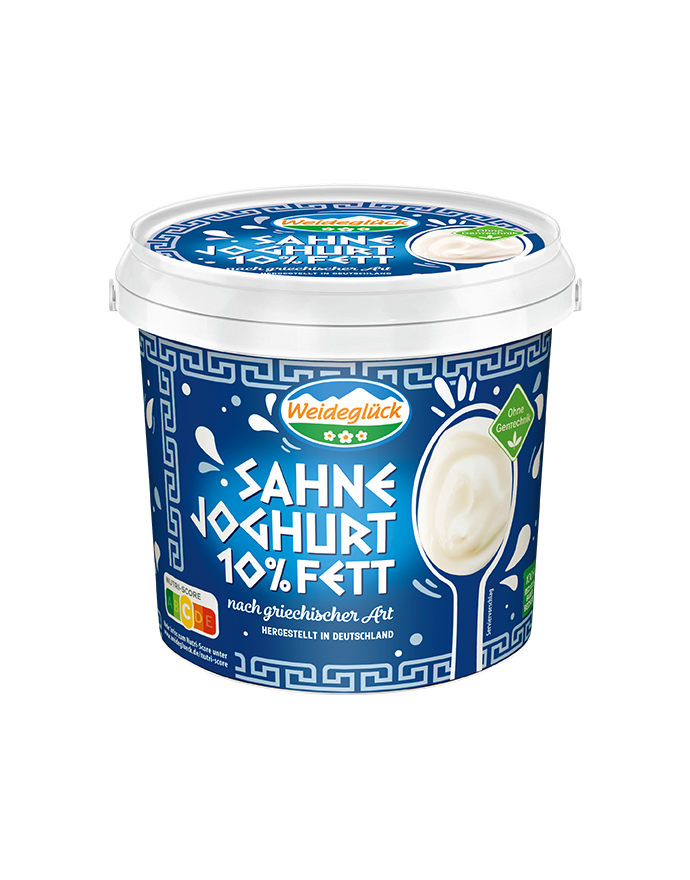 Packshot Weideglück Landjoghurt Sahnejoghurt nach griechischer Art 10 Prozent 1000g 1kg Becher